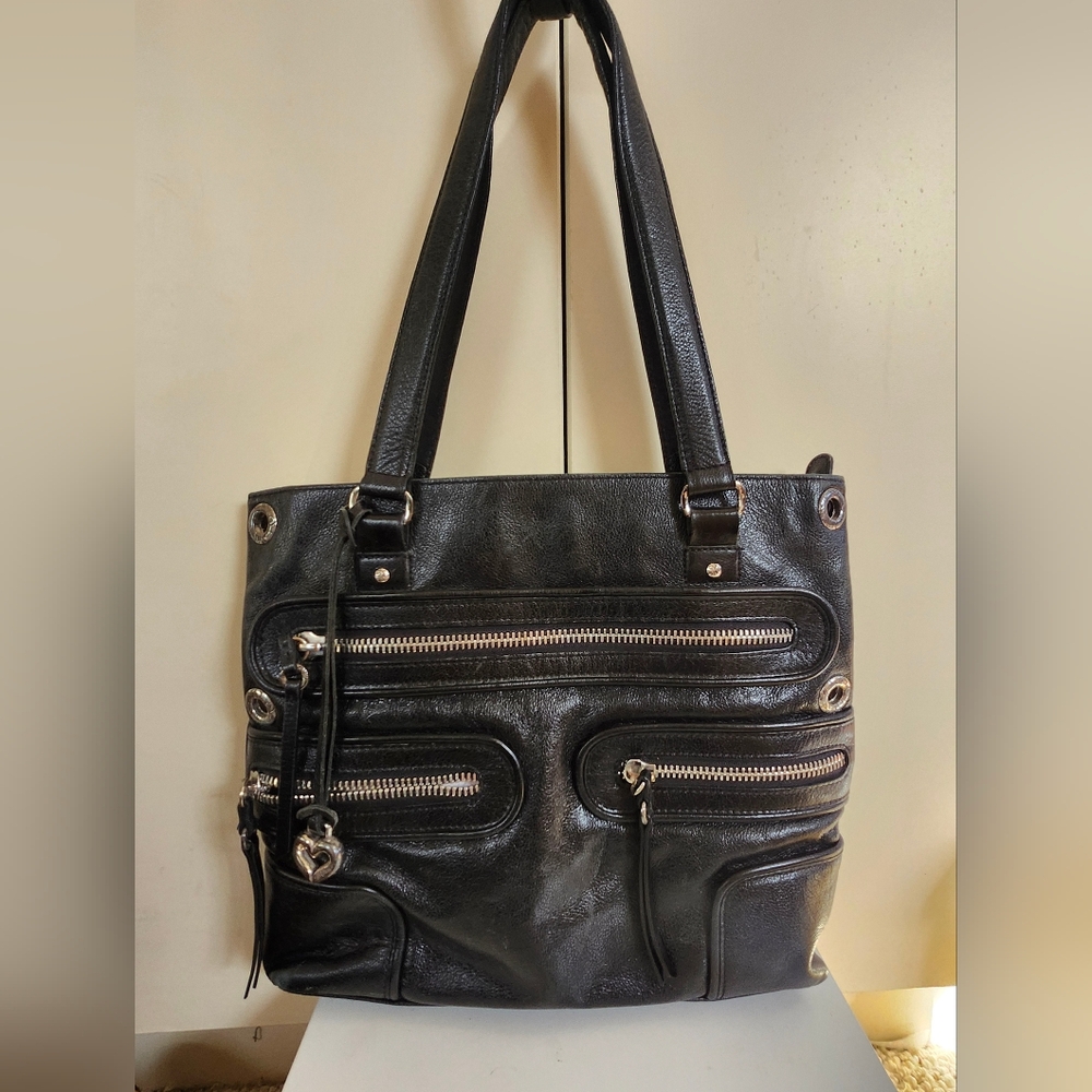 Brighton "Morrison" Black Pebbled Leather Multi-Zip Tote/Shoulder Bag Ret. $319